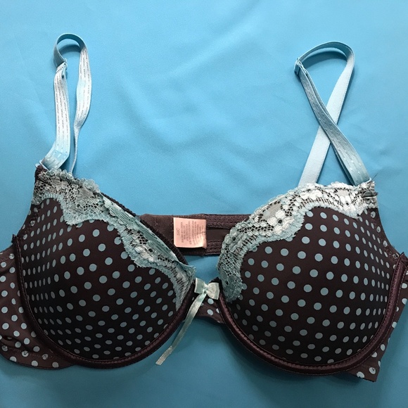 Polka-dotted, navy blue and turquoise padded bra - Picture 1 of 2